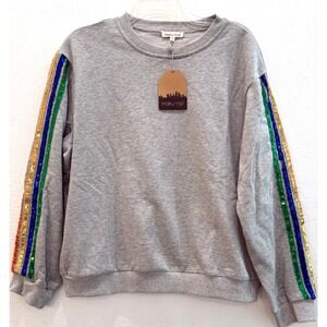 NWT Main Strip‎ Sz Small Grey Fleece Multicolor Sequin Stripes Mardi Gras Pride